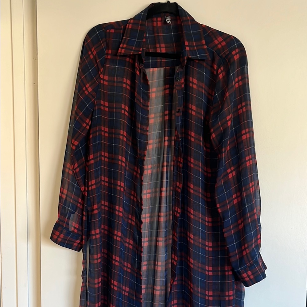Plaid Long Sleeve See Through Shirt Dress